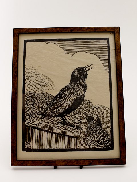 Johannes Larsen wood cut with starlings sold